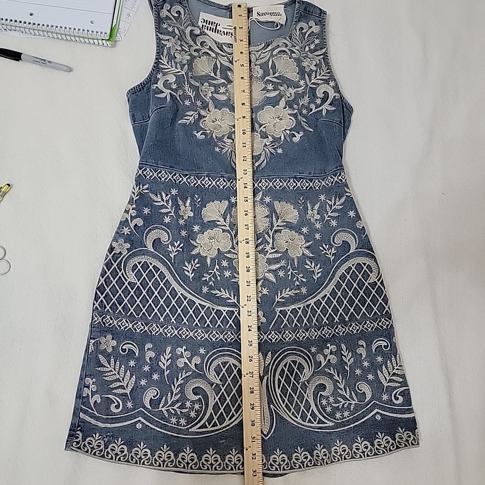 Savanna Jane Denim Blue Sleeveless Embroidered Mini Dress - Picture 8 of 9